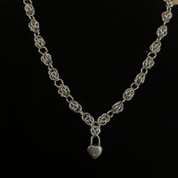 a silver necklace with a heart shaped locket